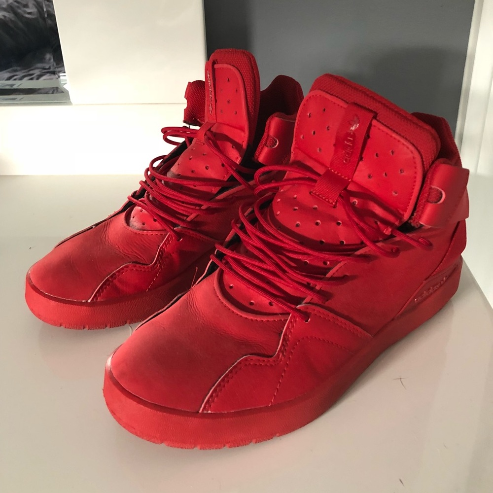 Adidas red high top shoes